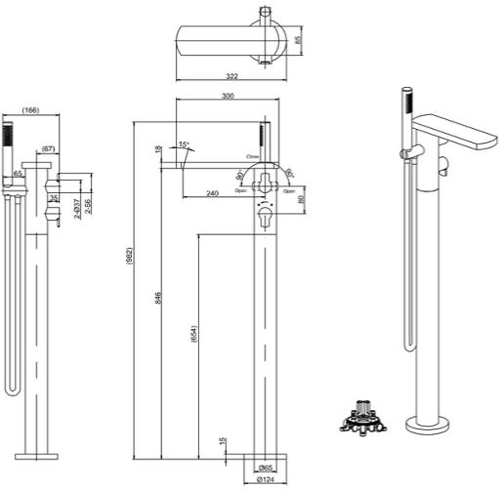Technical image of Crosswater Wisp Floor Standing Thermostatic Bath Shower Mixer Tap (M Black).