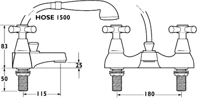 Technical image of Deva Milan Bath Shower Mixer Tap With Shower Kit.