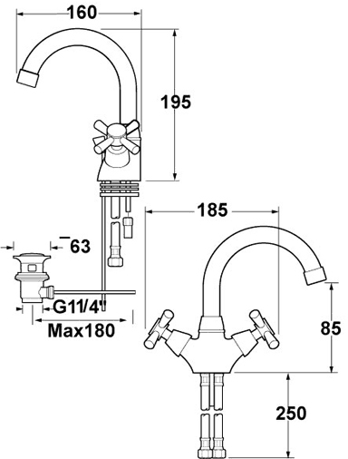 Technical image of Deva Milan Mono Basin Mixer Tap With Swivel Spout.