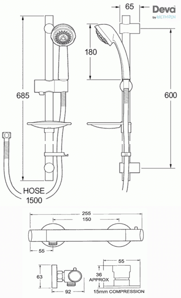 Technical image of Deva Vision Thermostatic Bar Shower Valve With Multi Mode Kit (Chrome).