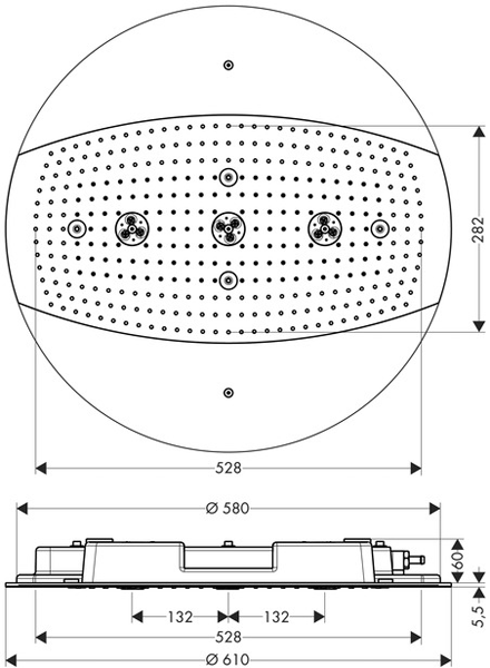 Technical image of Hansgrohe Raindance Rainmaker 3 Jet Shower Head (600mm, Chrome).