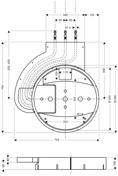 Technical image of Hansgrohe Raindance Rainmaker 3 Jet Shower Head (600mm, Chrome).