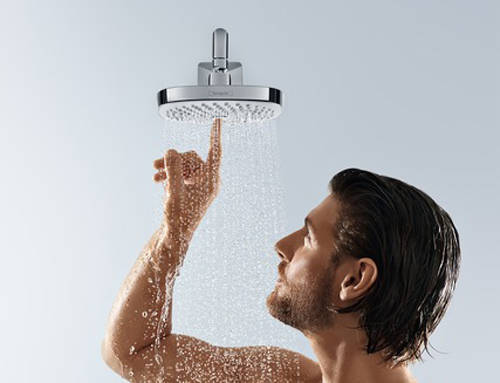 Example image of Hansgrohe Croma Select E 180 2 Jet Shower Head (180x180, White & Chrome).