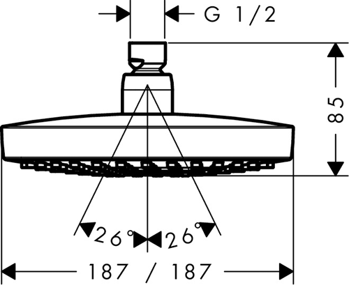 Technical image of Hansgrohe Croma Select E 180 2 Jet Shower Head (180x180, White & Chrome).