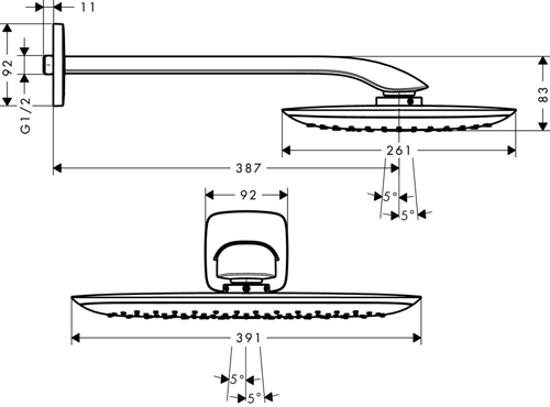 Technical image of Hansgrohe PuraVida 400 Air 1 Jet Eco Shower Head & Arm (390x260, Chrome).