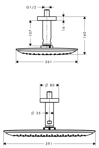Technical image of Hansgrohe PuraVida 400 Air 1 Jet Eco Shower Head & Arm (390x260, Chrome).