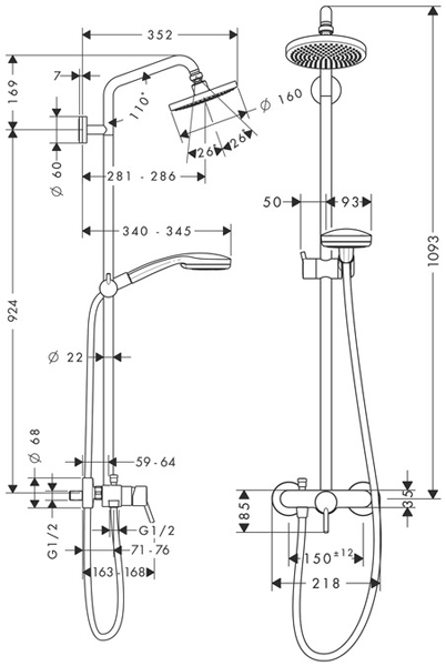 Technical image of Hansgrohe Croma 160 1 Jet Showerpipe Pack With Lever Handle (Chrome).