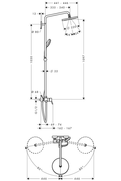 Technical image of Hansgrohe Croma 220 Air 1 Jet Showerpipe Pack With Lever Handle (Chrome).
