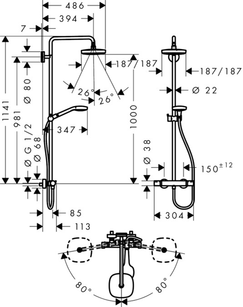 Technical image of Hansgrohe Croma Select E 180 2 Jet Showerpipe Pack (Chrome).