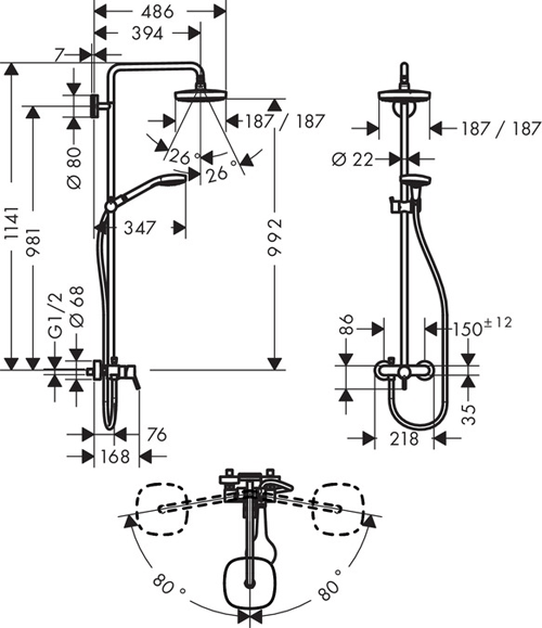Technical image of Hansgrohe Croma Select E 180 Shower With Lever Handle  (White & Chrome).