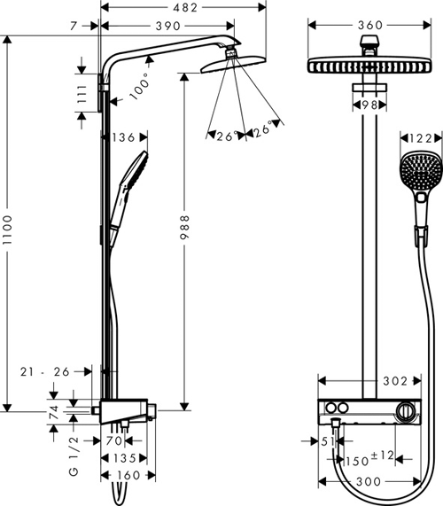 Technical image of Hansgrohe Raindance Select E 360 1 Jet EcoSmart Showerpipe Pack.