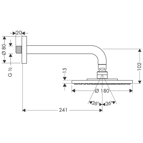 Technical image of Hansgrohe Raindance S 180 Eco Shower Head & Arm (180mm, Chrome).