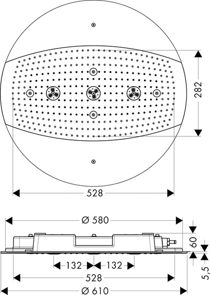 Technical image of Hansgrohe Rainmaker 600mm 3 Jet Shower Head & Highflow Valve (Chrome).