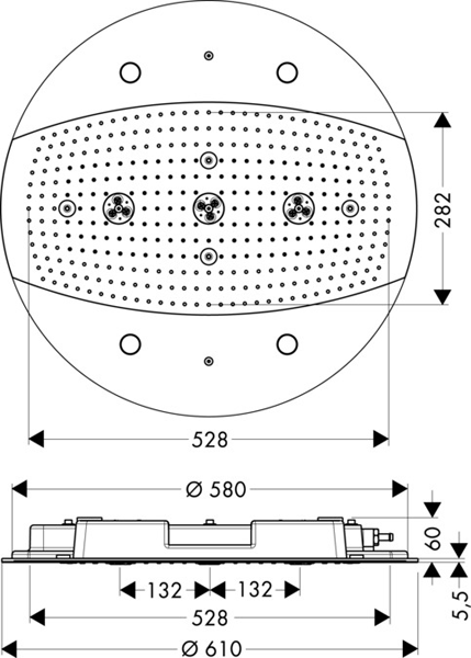 Technical image of Hansgrohe Rainmaker 600mm 3 Jet Shower Head, LEDs & Valve (Chrome).