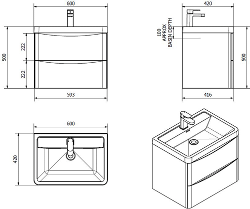 Technical image of Italia Furniture Bali Bathroom Furniture Pack 07 (White Ash).