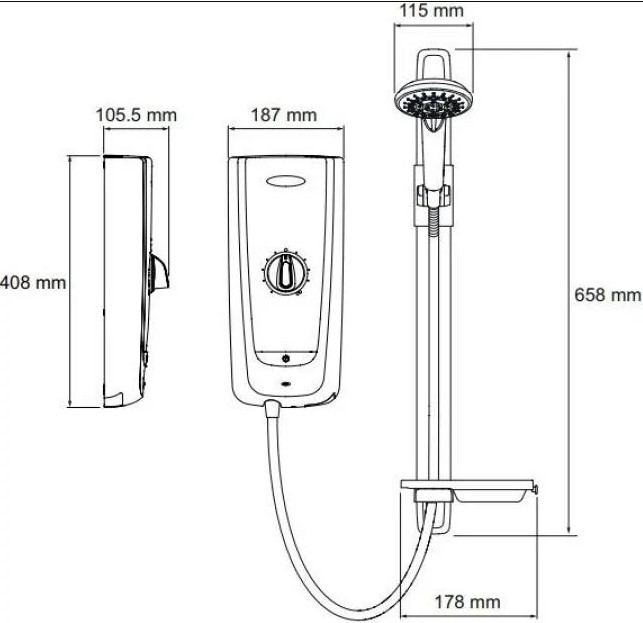 Technical image of Mira Advance Electric Shower 8.7kW (White & Chrome).
