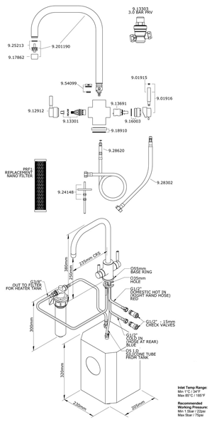 Technical image of Perrin & Rowe Phoenix 3n1 Boiling Water Kitchen Tap (Chrome, U Spout).