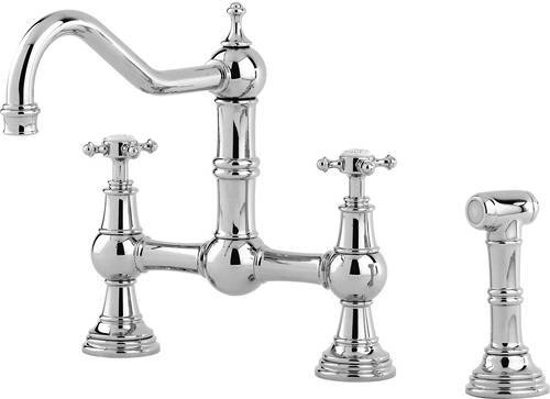 Larger image of Perrin & Rowe Provence Kitchen Tap With Rinser & X-Head Handles (Chrome).