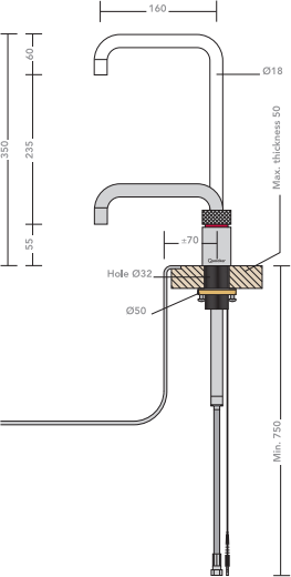 Technical image of Quooker Nordic Square Boiling Water Kitchen Tap. COMBI (Polished Chrome).