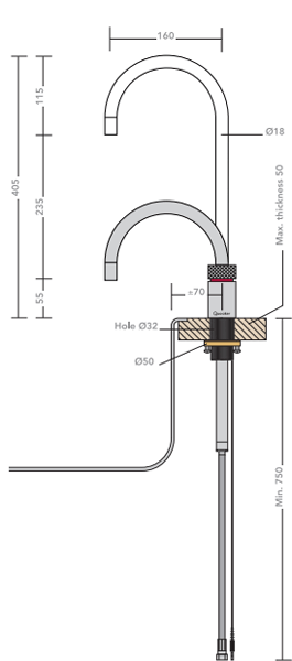 Technical image of Quooker Nordic Round Boiling Water Kitchen Tap. COMBI (Polished Chrome).