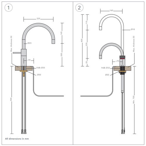 Technical image of Quooker Nordic Round Twintaps Instant Boiling Tap. COMBI (Polished Chrome).