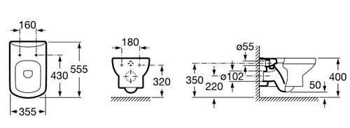 Technical image of Roca Toilets Senso Wall Hung Toilet Pan & Seat.