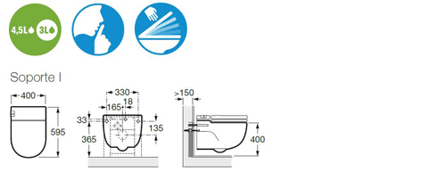Technical image of Roca In Tank Wall Hung Pan With Integrated Cistern & Seat (Solid Wall "I" Type).