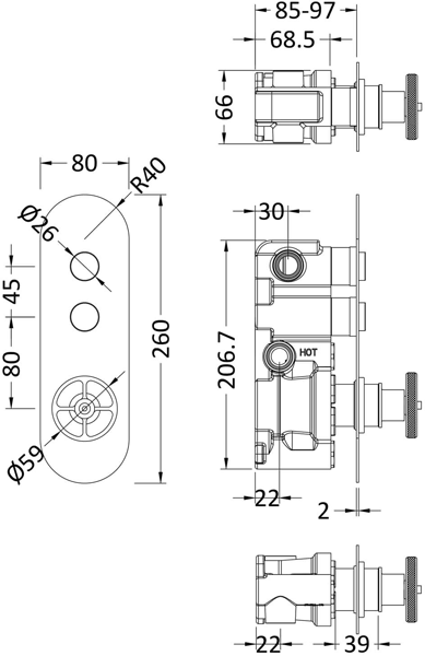 Technical image of HR Revolution Push Button Shower Valve With Industrial Handle (2 Outlets).