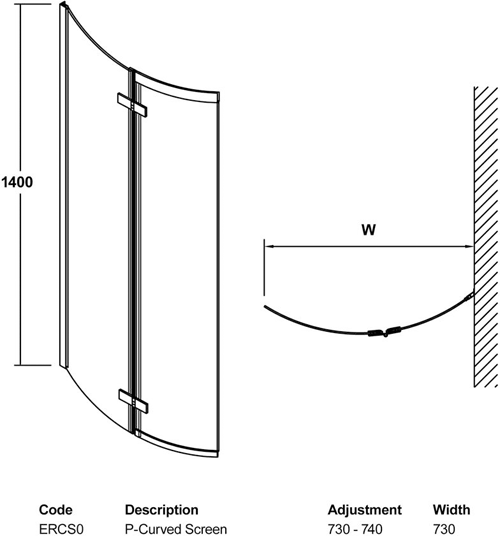 Technical image of Nuie Bath Screens Ella Curved P-Bath Screen (1400x730mm).