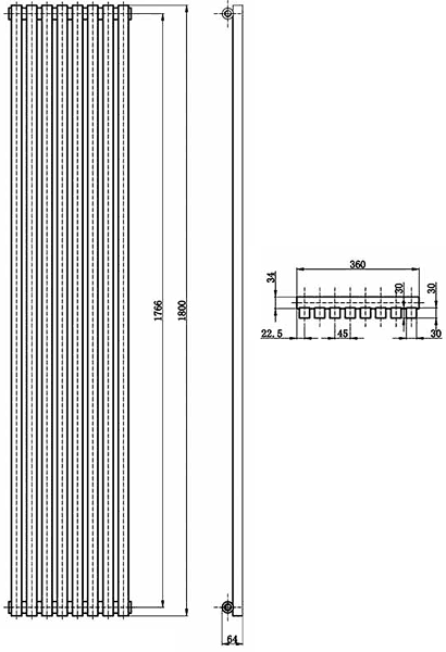 Technical image of Hudson Reed Radiators Kenetic Radiator (White). 360x1800mm.