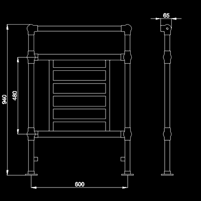 Technical image of HR Traditional Princess heated towel rail (gold). 660x940mm. 1579 BTU