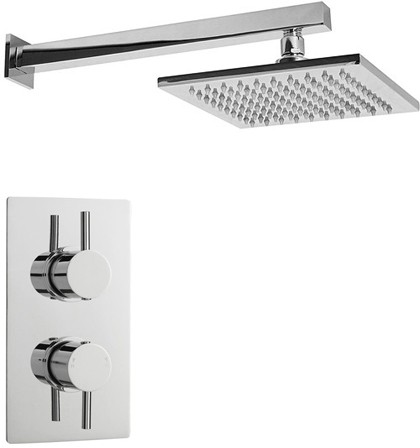 Larger image of Crown Showers Twin Thermostatic Shower Valve, Arm & Square Head 200mm.
