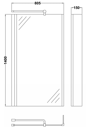 Technical image of Nuie Bath Screens Quattro Hinged Shower Bath Screen (1400x805mm).