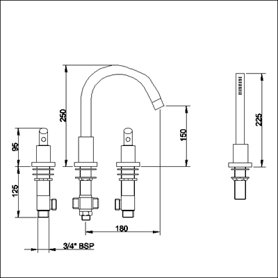 Technical image of Ultra Scene 4 Tap hole bath shower mixer with small swivel spout.