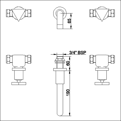 Technical image of Ultra Isla 3 Tap hole wall mounted bath filler with small spout.