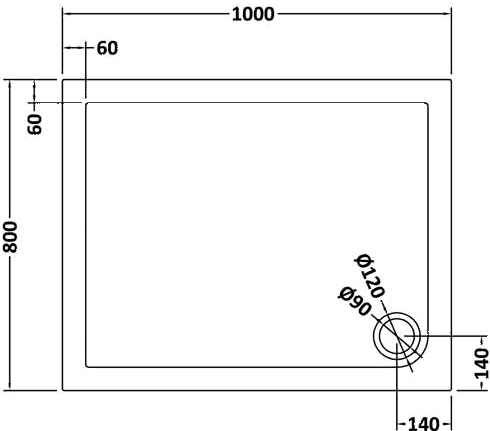 Technical image of Hudson Reed Pearlstone Trays Low Profile Shower Tray. 1000x800x40mm.