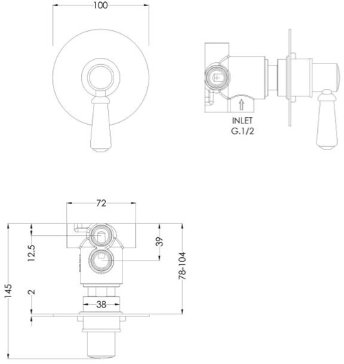 Technical image of Nuie Selby Concealed Diverter Valve (2/3/4 Way, Chrome).