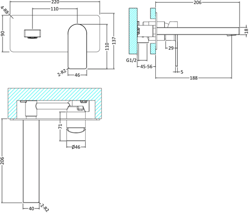 Technical image of HR Sottile Wall Mounted Basin Mixer Tap With Lever Handle (Chrome).