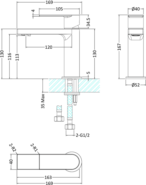 Technical image of HR Sottile Mono Basin & Bath Shower Mixer Tap Pack (Chrome).