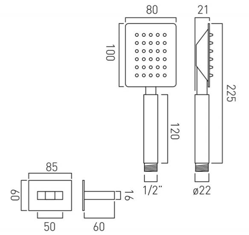 Technical image of Vado Mini Shower Kits Aquablade Single Function Kit With Hose & Bracket.