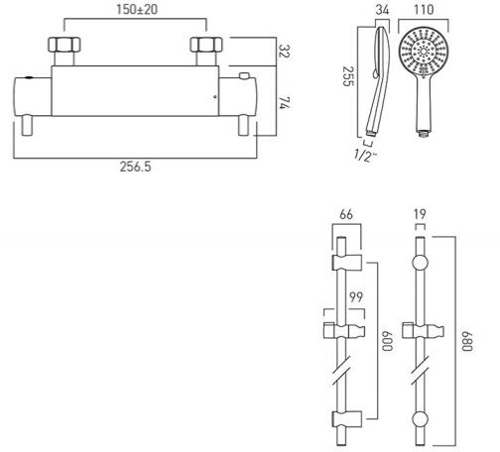 Technical image of Vado Shower Packs Celsius 1/2" Thermostatic Shower Pack (Chrome).