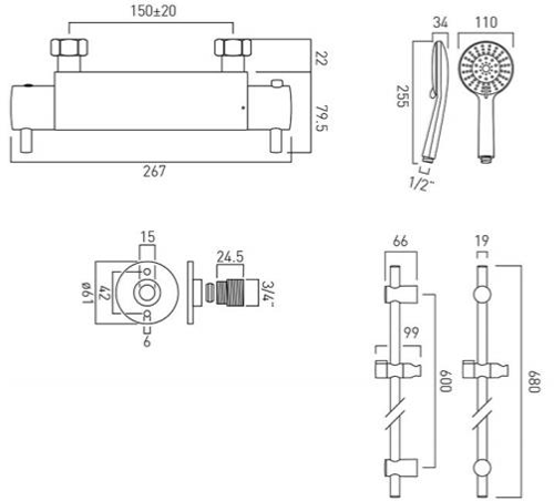 Technical image of Vado Shower Packs Celsius 3/4" Thermostatic Shower Pack & Brackets.