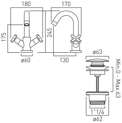 Technical image of Vado Elements Basin Mixer Tap With Pop Up Waste (Chrome).