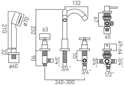 Technical image of Vado Elements 5 Hole Bath Shower Mixer Tap With Fixed Spout (Chrome).