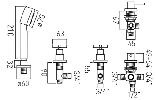 Technical image of Vado Elements 4 Hole Bath Shower Mixer Tap (For Use With Bath Filler Waste).