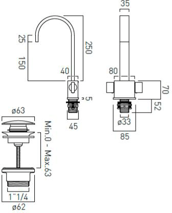 Technical image of Vado Geo 2 Handle Basin Mixer Tap With Universal Waste (Chrome).