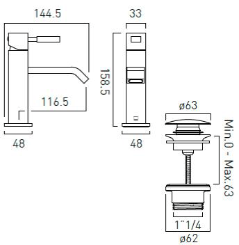 Technical image of Vado Geo Slimline Basin Mixer Tap With Universal Waste (Chrome).