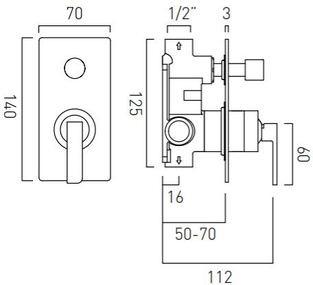 Technical image of Vado Omika Manual Shower Valve With Diverter (Chrome).