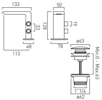 Technical image of Vado Omika 4 Hole Bath Shower Mixer Tap With Bath Filler Waste & Basin Tap.