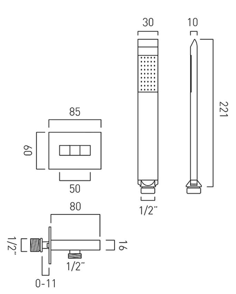 Technical image of Vado Omika Shower Handset With Hose & Wall Outlet (Chrome).